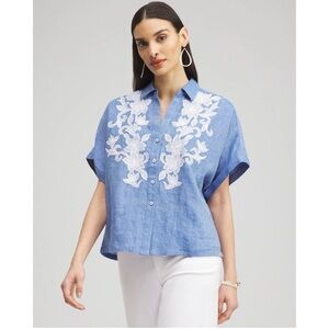 Chico’s Blue Linen White Floral Appliqué Button Front Shirt 1.5 Medium Coastal